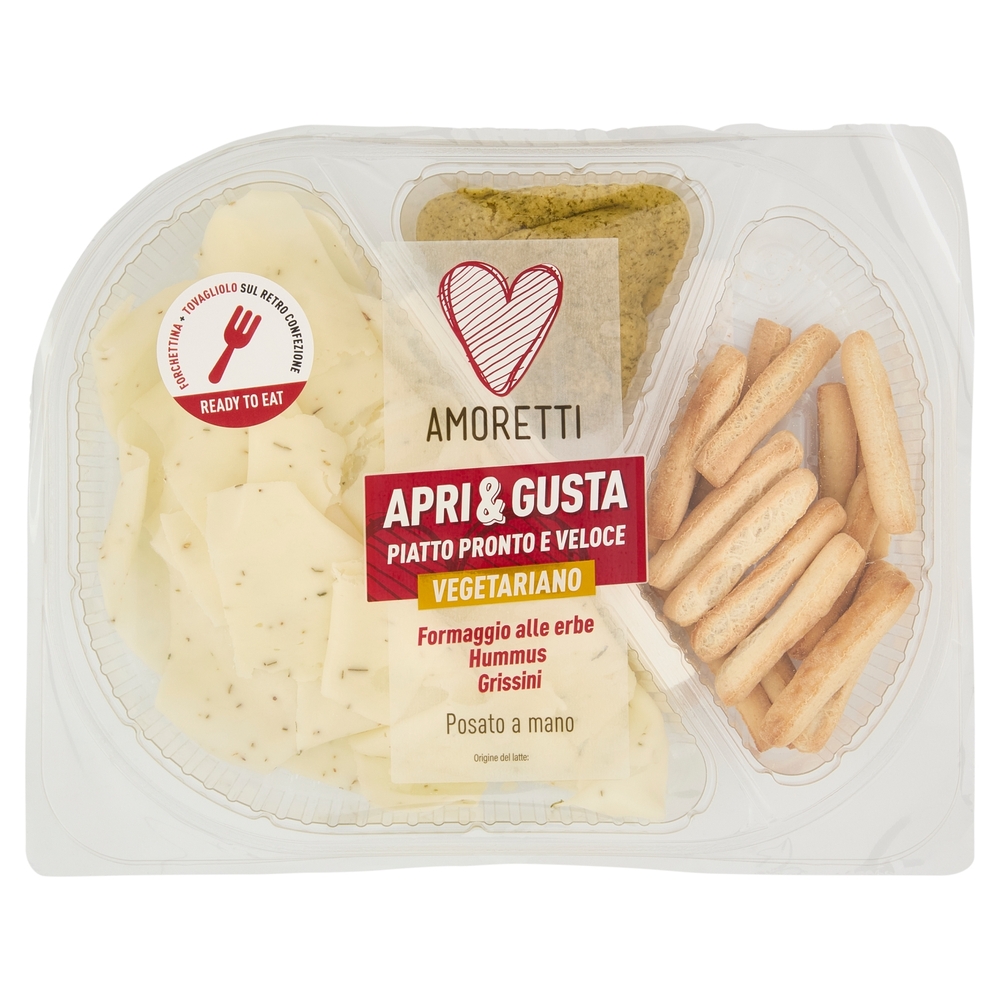 Amoretti Apri & Gusta Vegetariano Formaggio alle erbe, Hummus, Grissini 150 g